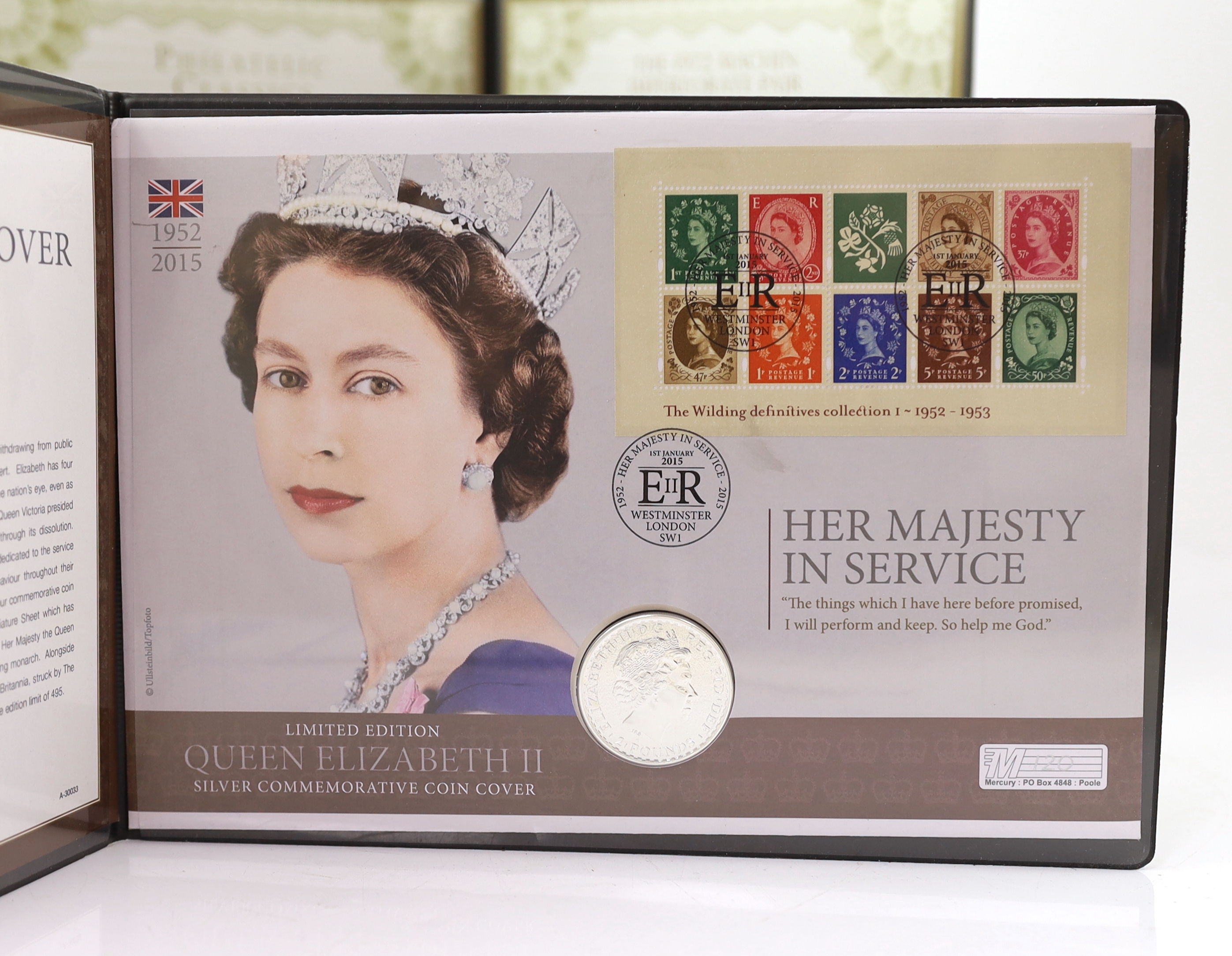 Westminster collection coin and philatelic issues - George V gold sovereign 1918 and 1d stamp presentation cover, 1972 Machin Imperforate pair and Her Majesty in service silver commemorative coin cover (3 presentation co